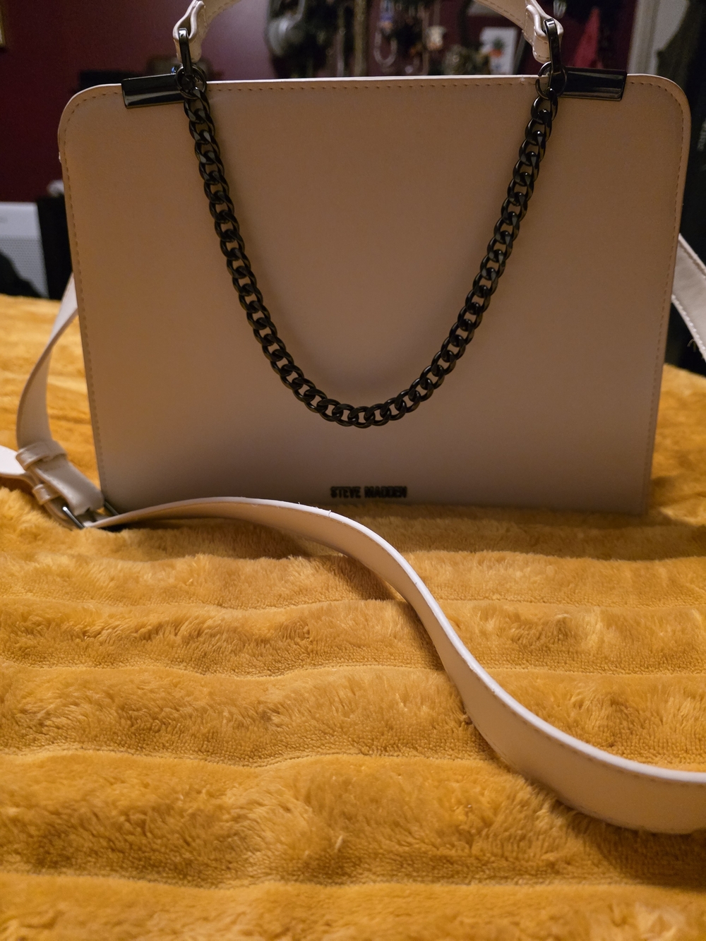 Steve Madden Off White Structured Top-Handle Bag with Chain Detail